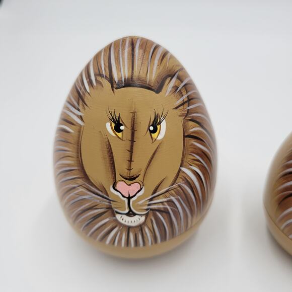 Lion Folk Art Russian Matryoshka Nesting Dolls 4 x 2 Brown Wood Figures Handmade - Picture 4 of 6